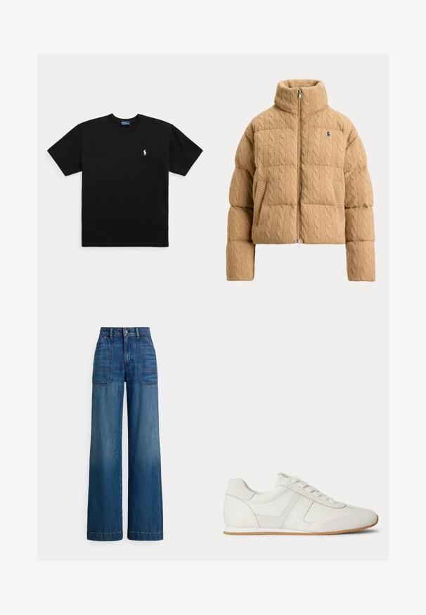 Beige kabelstrikket dunjakke med høj krave, frontlynlås, sidelommer og lille broderet logo på venstre bryst.; Sort T-shirt med korte ærmer og rund halsudskæring med lille hvidt broderet Polo Ralph Lauren-logo på venstre bryst.; Højttaljede vidde ben jeans i mellemblå denim. Har lomme lapper foran og fremtrædende syninger. Glat, blød tekstur.; Hvid lavtop sneaker med snørelukning foran, ruskind- og læderpaneler og en lysebrun gummisål på en hvid baggrund.