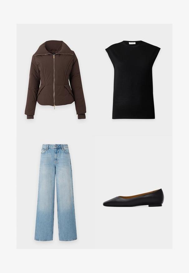 Dunkelbraune gesteppte Jacke mit Frontreißverschluss, hohem Kragen, zwei Fronttaschen und eng anliegenden Bündchen an den langen Ärmeln.; Schwarzes ärmelloses Stricktop mit gepolsterten Schultern und rundem Ausschnitt, dargestellt auf einem schlichten hellgrauen Hintergrund.; Helle blaue weit geschnittene Jeans mit hoher Taille, ausgestattet mit Verblassungen an den Beinen, Gürtelschlaufen sowie einem traditionellen Metallknopf und Reißverschluss.; Schwarzer flacher Schuh aus Leder mit spitz zulaufender Vorderkappe, niedrigem Absatz und glatter Oberfläche, von der Seite vor einem hellgrauen Hintergrund dargestellt.