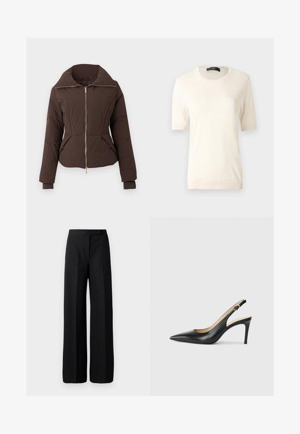 Veste matelassée marron foncé avec fermeture éclair à l'avant, col montant, deux poches avant et poignets ajustés aux manches longues.; Haut en tricot crème à manches courtes avec un col rond, des poignets et un ourlet côtelés, présenté sur un fond gris uni.; Pantalons noirs à jambe large avec une texture lisse et mate. Ceinture plate sans matériel ni motifs visibles. Design simple et élégant.; Escarpins en cuir noir avec une pointe fine, une bride ajustable et un talon aiguille élégant, présentant une finition lisse.
