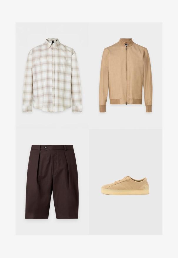 Veste bomber beige zippée avec col, poignets et bas côtelés, en tissu léger, présentée sur un fond uni.; Chemise à manches longues avec boutons, motif à carreaux beige et marron clair et col pointu, posée à plat.; Shorts marron sur mesure longueur genoux avec plis devant, passants de ceinture et fermeture par bouton sur un fond uni clair.; Baskets basses en daim beige avec semelle épaisse en gomme, fermeture à lacets à l'avant, et logo discret sur le côté, sur un fond uni gris clair.