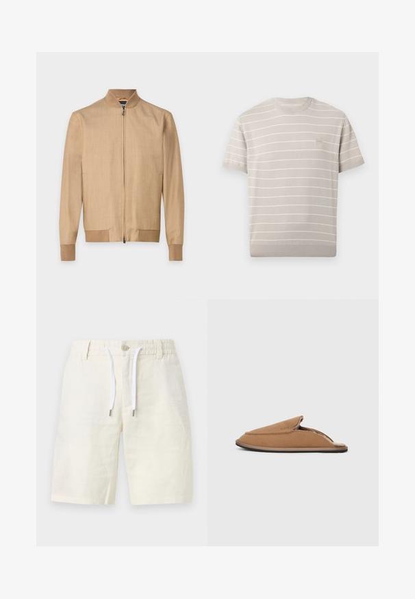 Veste bomber beige zippée avec col, poignets et bas côtelés, en tissu léger, présentée sur un fond uni.; Chemise en maille beige clair à manches courtes avec de fines rayures blanches horizontales et un petit écusson carré avec logo sur le côté gauche de la poitrine.; Shorts décontractés couleur crème avec taille élastique, fermeture par bouton, passants de ceinture et cordons blancs.; Chaussons en tissu brun avec une doublure intérieure douce, design à enfiler, bout arrondi et semelle en caoutchouc plate. Présente des détails de couture minimaux.