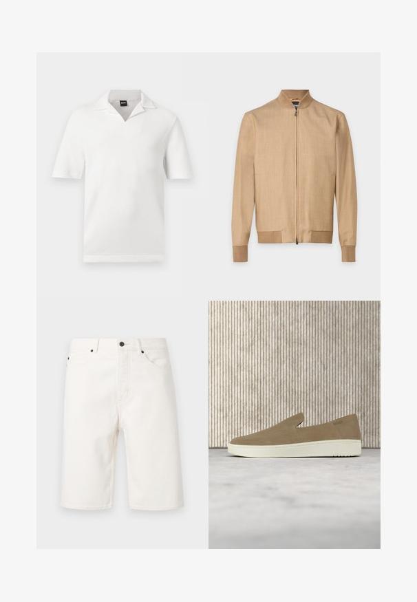 Veste bomber beige zippée avec col, poignets et bas côtelés, en tissu léger, présentée sur un fond uni.; Polo blanc à manches courtes avec col ouvert et tissu texturé, étiqueté avec la marque BOSS au niveau du col.; Short en denim blanc avec bouton et fermeture éclair à l'avant, passants pour ceinture et design à cinq poches, présenté sur un fond uni.; Chaussure beige sans lacets avec semelle blanche, présentée en suspension sur un tapis clair avec un mobilier transparent de couleur ambre en arrière-plan.