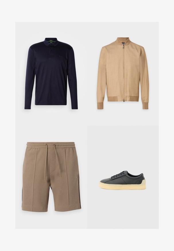 Beige bomberjakke med lynlås med ribbet krave, manchetter og kant, lavet af let stof, vist på en ensfarvet baggrund.; Marine langærmet polo shirt lavet af blød bomuld, med en tre-knaps placket og broderet logo på brystet. Glat tekstur.; Brune shorts i tekstureret stof med elastisk taljebånd, snøre, lodrette sømme og sidestriber med en lille logo på højre ben.; Sort lavtstående lædersneaker med rund tå, sorte snørebånd og tyk off-white gummisål, vist fra siden på lysegrå baggrund.