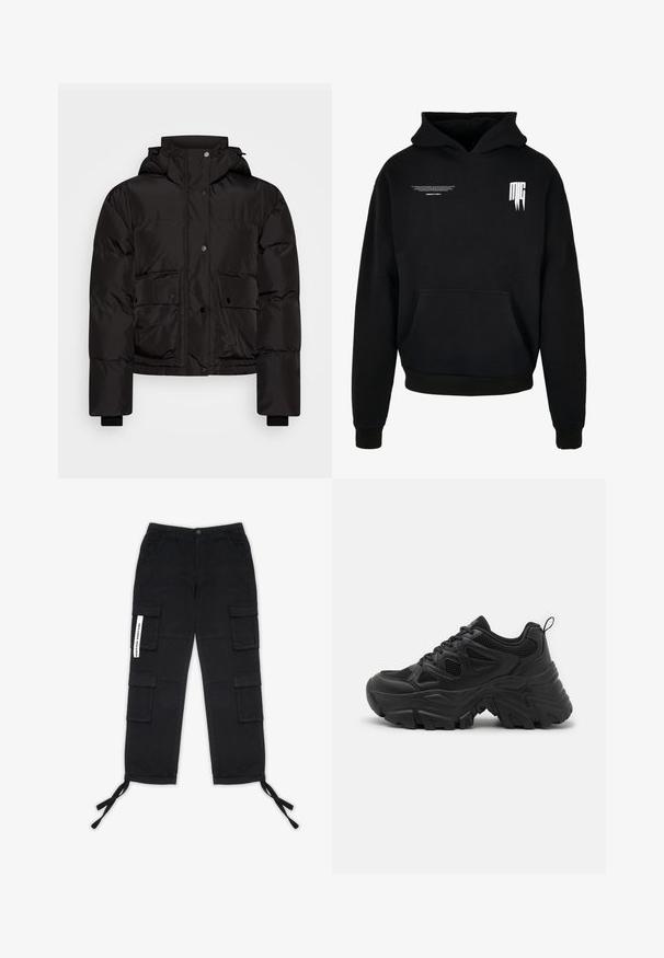 JJXX JXBIRDIE NOTE - Χειμωνιάτικο μπουφάν - black; Μαύρο φούτερ με κουκούλα και μπροστινή τσέπη, μικρό λευκό κείμενο στο πάνω αριστερό μέρος του στήθους και στυλιζαρισμένο λογότυπο "MG" στο πάνω δεξί μέρος του στήθους.; Pegador TANAMI WIDE PANTS - Παντελόνι cargo - black; Μαύρα αθλητικά παπούτσια με διαμορφωμένο πλέγμα πάνω, καμπυλωτή ελαστική σόλα και έντονο μοτίβο πέλματος. Διαθέτουν ενσωματωμένο κορδόνι και λαβή.