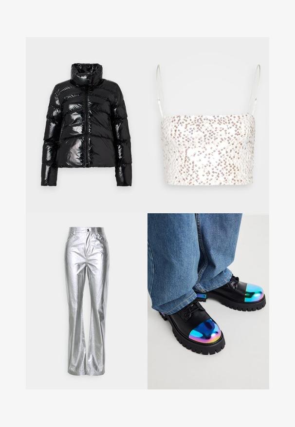 Musty must-haves jakk musta, läikiv, tikandiga disain, kõrge krae ja täis esivöö. Ribitud mansetid ja lühike lõige suurendavad funktsionaalsust.; Gina Tricot SHIMMER CROPPED - Topp - offwhite; Gina Tricot Tall TROUSERS - Püksid - silver-coloured; Mustad mustad kingad iridescentse ümara nina, paksude mustade tallaga ja mustade paeltega, koos siniste teksapükstega.