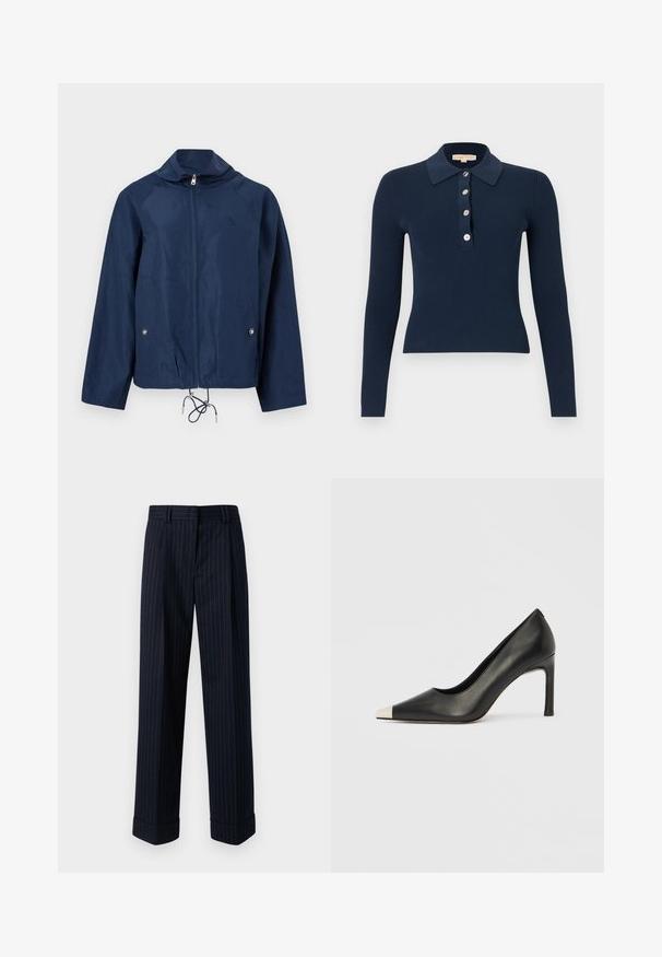 Chaqueta azul marino con cremallera, cuello alto, mangas largas, bolsillos frontales con botones a presión y dobladillo ajustable con cordón.; Polo de manga larga azul marino con tejido acanalado, cuatro botones en la parte delantera y cuello clásico, ajuste entallado.; Los pantalones de pierna ancha de color azul marino presentan un patrón de rayas en dorado, confeccionados en una tela suave, con dobladillos en los tobillos y bolsillos frontales.; Zapato de tacón alto de cuero negro con punta en forma de pico y una tapa metálica plateada. Presenta un acabado suave y un tacón delgado de 10 cm.