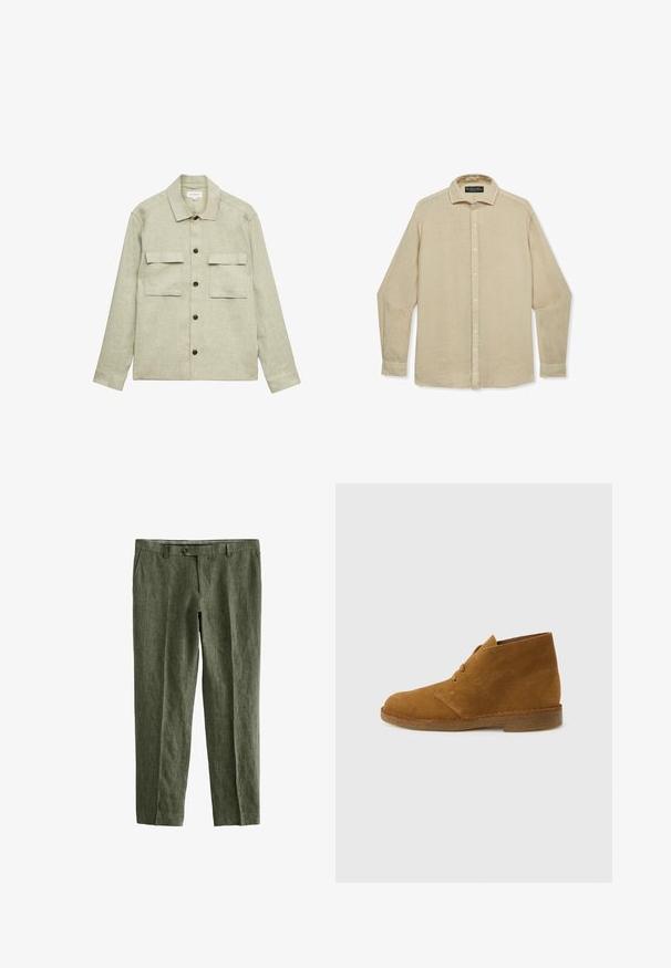 Veste-chemise beige clair à manches longues avec deux poches poitrine à rabat et un col, réalisée en tissu texturé.; Chemise beige à manches longues avec col et poignets, en tissu léger, étalée à plat sur un fond blanc.; Next SIGNATURE - REGULAR FIT - Pantalon classique - olive green; Botte désert en daim marron montant à la cheville avec deux œillets et semelle en crêpe sur fond gris clair uni.