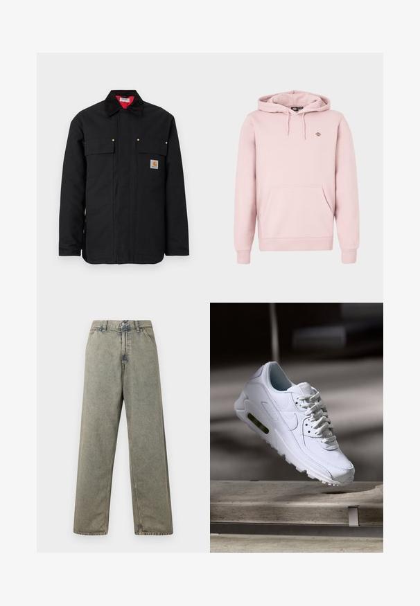 Sort arbejdssjaket lavet af holdbart stof, med to brystlommer, guldfarvede hardware-detaljer og en kontrastfuld rød indvendig foring.; Lyserød hættetrøje med frontlomme, justerbar snørre i hætten og et lille logo på brystet. Fremstillet af blødt stof med ribstrikkede manchetter.; Blå denim bukser med vid ben i en falmet grå farve, med knaplukning og traditionelt fem-lomme design med synlige syninger.; Hvide lædersneakers med teksturerede overflader, polstret krave og synlig luftpolstring i sålen. Har snørrebånd og et minimalistisk design.