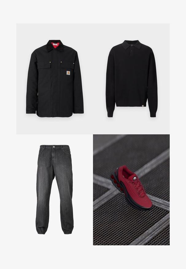 Sort arbejdssjaket lavet af holdbart stof, med to brystlommer, guldfarvede hardware-detaljer og en kontrastfuld rød indvendig foring.; Sort langærmet strikket polo-sweater med knappet krave og ribstrikkede ærmegab og kant, vist på ensartet lys baggrund.; Mørkegrå denimjeans med en afslappet pasform, der har sidelommer, knaplukning og smalle manchetter ved anklerne. Struktureret stof.; Rød sneakers med en tekstureret overdel, der har sorte accenter og et fremtrædende design med luftcushioning sål. Snørebånd og logo er synlige ovenpå.