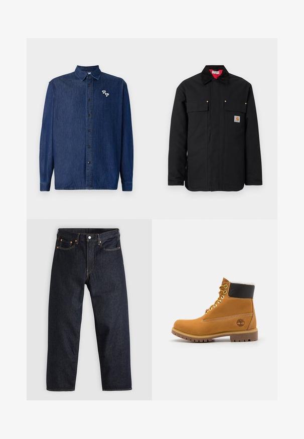 Sort arbejdssjaket lavet af holdbart stof, med to brystlommer, guldfarvede hardware-detaljer og en kontrastfuld rød indvendig foring.; Mørkeblå denimskjorte med knappelukning foran, lange ærmer og spids krave. Har en hvid broderet "RP"-logo.; Mørkeblå denimjeans med lige pasform, fem lommer, kontrasterende orange syning og knaplukning. Ingen synlige mønstre eller udsmykninger.; Brune læder ankelstøvle med metaløjer, hvid pelsforing, sort polstret krave, robust sål og præget logo på siden.