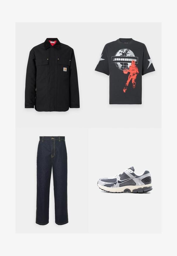 Zwarte werkjas van duurzaam materiaal, met twee borstzakken, gouden accenten en een contrasterende rode voering aan de binnenkant.; Zwart katoenen T-shirt met een grote witte wereldbolafbeelding, zilveren sterren op de mouwen en een gepixeleerd rood basketbalspelerontwerp.; Wijde donkerblauwe spijkerbroek met gele stiksels, voorzien van een knoopsluiting aan de voorkant en zijzakken. Glad van textuur en met een traditioneel ontwerp.; Grijze en witte herensneaker voor sport met meshpanelen, reflecterende zilveren overlays, witte veters en zwarte, gestructureerde zool, zijaanzicht.