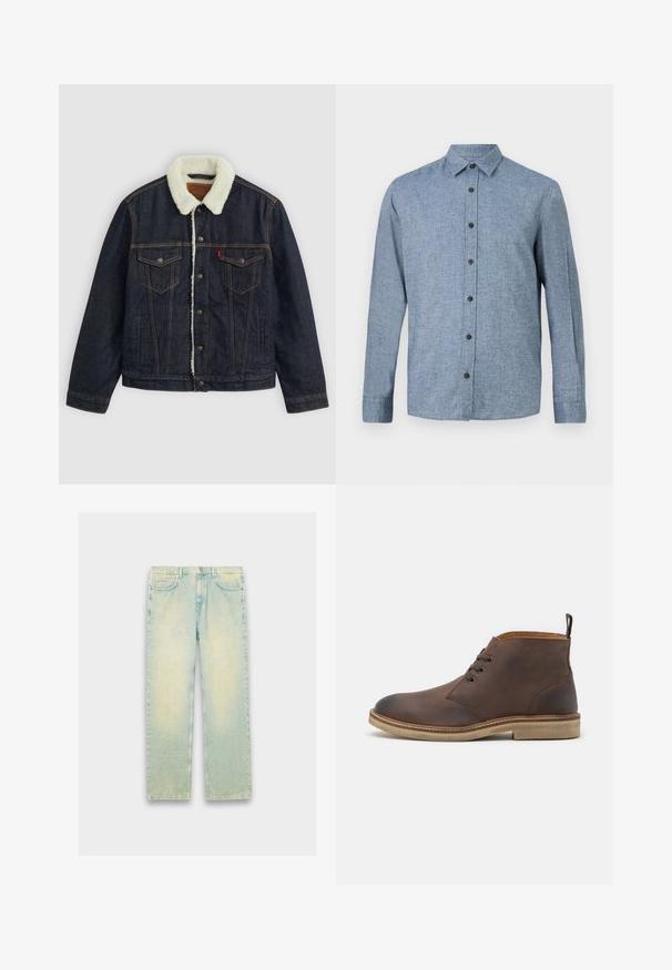 Mørk denimjakke med en hvid faux shearling krave, to brystlommer og guldsyninger. Har knaplukning og en lige pasform.; Langærmet button-up skjorte i lyseblåt stof med tekstureret væv, med krave og seks mørkeblå knapper ned ad fronten.; Lyseblå denimjeans med løs pasform, fem lommer, lynlås og en slidt finish langs lår og knæ.; Brune læder ankelstøvle med en afrundet tå, snørebåndsdesign og en cremefarvet gummisål. Har en løkke på hælen.