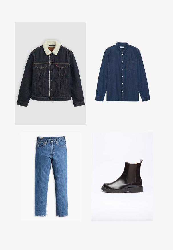 Dunkelblaue Jeansjacke mit einem weißen Kunstfellkragen, zwei Brusttaschen und goldenem Nähen. Verfügt über eine Knopfverschlüsse und eine gerade Passform.; Dunkelblaue Jeanshemd mit langen Ärmeln, knöpfbarem Vorderteil, kragenförmigem Halsauschnitt und einer Brusttasche. Mit silbernen Knopfakzenten.; Blaue Denim-Jeans mit geradem Bein, Kupferriegeln und Fünf-Taschen-Design. Verfügt über einen genähten Saum und einem klassischen Taillenbund mit Gürtelschlaufen.; Braune Leder Chelsea-Boots mit elastischen Seitenpaneelen und einer Zuglasche. Verfügt über eine abgerundete Zehenpartie und eine robuste Gummisohle.