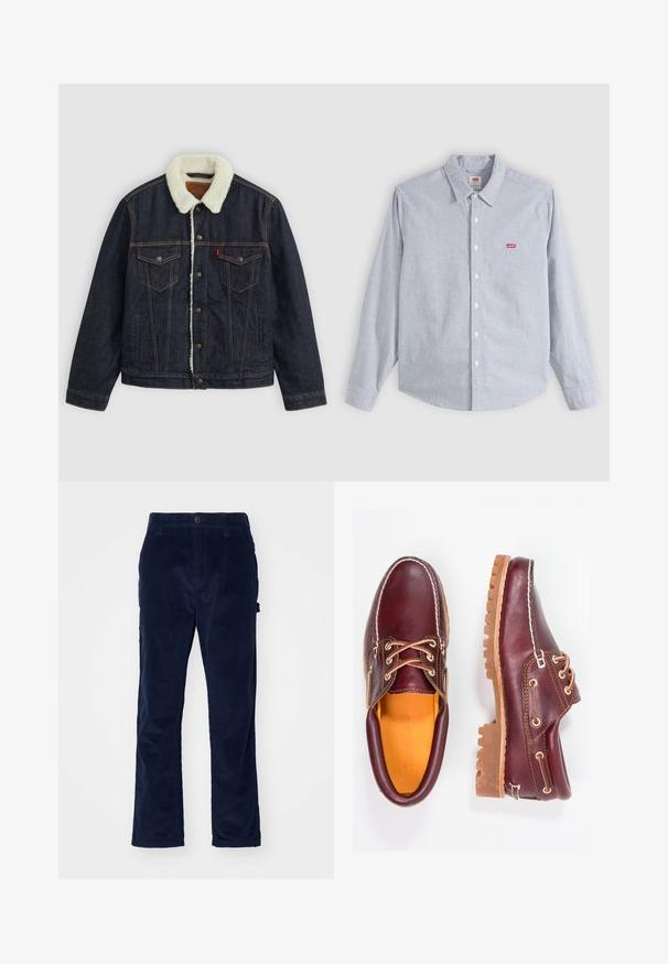 Veste en denim noir avec un col en fausse fourrure blanche, deux poches poitrine et des coutures dorées. Elle dispose d'une fermeture à boutons et d'une coupe droite.; Chemise à manches longues, rayée bleu clair et blanc, avec col et petit logo rouge Levi's sur la poitrine gauche.; Pantalon en velours côtelé marine avec une coupe droite, présentant une texture à côtes verticales et une fermeture à bouton à l'avant.; Chaussures en cuir bourgogne avec semelles en caoutchouc marron, bout rond, couture blanche et œillets dorés. L'intérieur présente une doublure jaune.