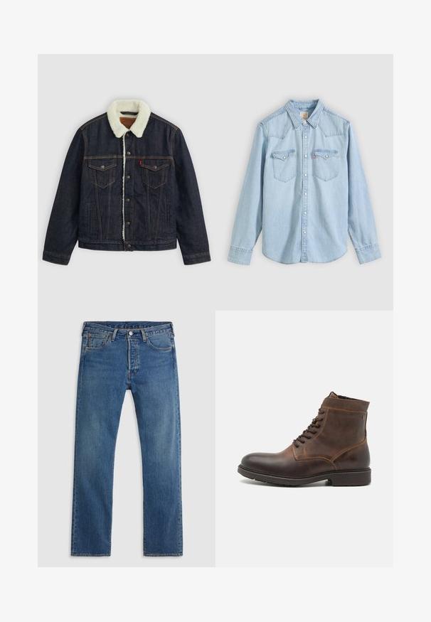 Mørk denimjakke med en hvid faux shearling krave, to brystlommer og guldsyninger. Har knaplukning og en lige pasform.; Lyseblå denimskjorte med lange ærmer, knapper foran, to brystlommer med knapflap og spids krave på ensfarvet baggrund.; Blå straight-leg denimjeans med fem lommer, bæltestropper og lukning med knap og lynlås foran på en ensfarvet baggrund.; Jack & Jones JFWDELANEY BOOT - Snørestøvletter - cognac