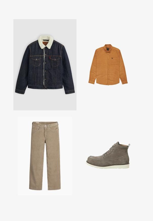 Donkerdenimjack met een witte nepbont kraag, twee borstzakken en gouden stiksels. Voorzien van knoopsluiting en een recht model.; Lange mouwen, knoopsluiting overhemd in een lichtbruine korduroy stof. Beschikt over een borstzak en een zwart logo etiket op de zak.; Lichtbruine corduroy broek in een wijd model, met een knoop- en ritssluiting, vijf zakken en een zachte, ribbeltextuur.; Grijze suède enkellaarsjes met een ronde neus, zes paar oogjes en een witte rubberen zool. Voorzien van gestikte accenten en een merklogo aan de zijkant.