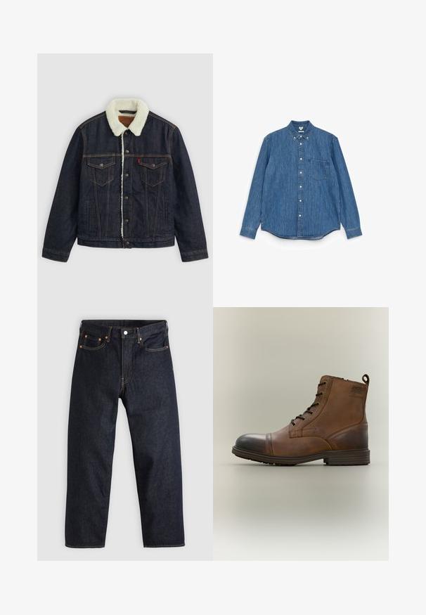 Veste en denim noir avec un col en fausse fourrure blanche, deux poches poitrine et des coutures dorées. Elle dispose d'une fermeture à boutons et d'une coupe droite.; Chemise en denim bleu à manches longues avec un col pointu, des boutons blancs, une poche poitrine unique et un ourlet droit. Texture uniforme et poids moyen.; Jean en denim bleu foncé avec une coupe droite, cinq poches, des coutures orange contrastantes et une fermeture à boutons. Pas de motifs ou d'ornements visibles.; Botte cheville en cuir marron à lacets avec bout noir, semelle ronde et détail de marque sur le côté sur fond uni.