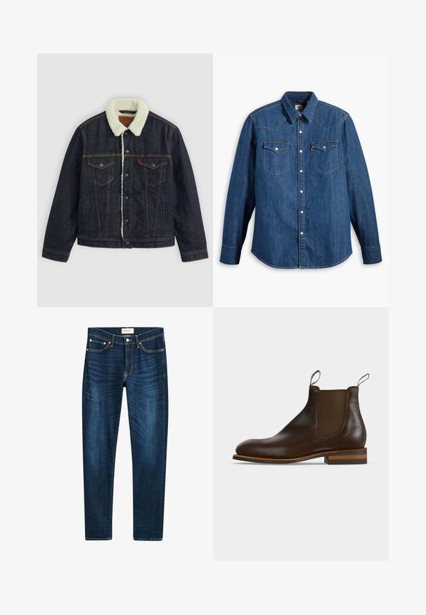 Mørk denimjakke med en hvid faux shearling krave, to brystlommer og guldsyninger. Har knaplukning og en lige pasform.; Denim skjorte i mørkeblå med lange ærmer, spids krave og trykknapper. Har to brystlommer med klapper og kontrastsying.; Mørkeblå jeans lavet af denim, med en lige ben-design, fem lommer, kobberfarvede nitter og subtilt farvetone på stoffet.; Mørkebrun læder Chelsea-støvle med elastisk sidepanel, trækstropper foran og bagpå, lav stablet hæl og rundet snude.
