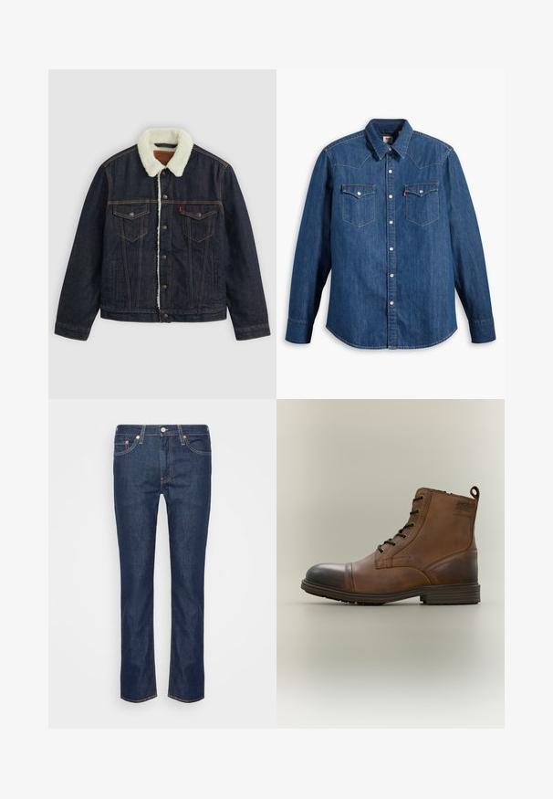 Veste en denim noir avec un col en fausse fourrure blanche, deux poches poitrine et des coutures dorées. Elle dispose d'une fermeture à boutons et d'une coupe droite.; Chemise en denim bleu marine à manches longues, col pointu et boutons-pression. Dispose de deux poches poitrine avec rabats et couture contrastante.; Jean en denim droit bleu foncé avec des coutures orange, cinq poches, et une fermeture à bouton et à zip à l'avant.; Botte cheville en cuir marron à lacets avec bout noir, semelle ronde et détail de marque sur le côté sur fond uni.
