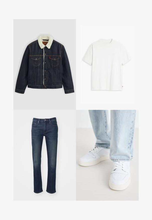 Veste en denim noir avec un col en fausse fourrure blanche, deux poches poitrine et des coutures dorées. Elle dispose d'une fermeture à boutons et d'une coupe droite.; T-shirt en coton blanc à manches courtes, col rond, avec un logo "Levi's" discret imprimé en couleur claire sur le devant.; GAP SLIM SOFT SOLANO - Jean slim - dark wash; Baskets basses en cuir blanc avec un bout perforé, des lacets plats et un design minimaliste. Associées à un jean en denim bleu clair.