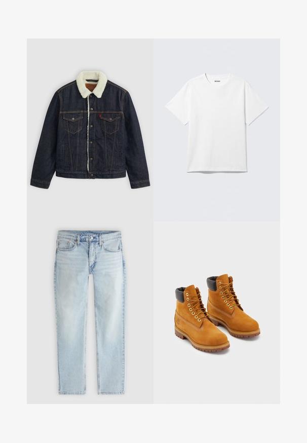 Dunkelblaue Jeansjacke mit einem weißen Kunstfellkragen, zwei Brusttaschen und goldenem Nähen. Verfügt über eine Knopfverschlüsse und eine gerade Passform.; Weißes T-Shirt mit kurzen Ärmeln und Rundhalsausschnitt, flach liegend, schlichtes Design, mit „WEEKDAY“-Etikett innen im Kragen auf hellem Hintergrund.; Hellblaue Jeans mit geradem Bein, vorderem Knopf- und Reißverschluss, Vorder- und Gesäßtaschen sowie sichtbaren Nähten.; Lederarbeitsstiefel in Tan mit schwarzem gepolstertem Kragen, goldenen Ösen und braunen Gummisohlen. Mit kontrastierenden Nähten und einem Logo an der Seite.