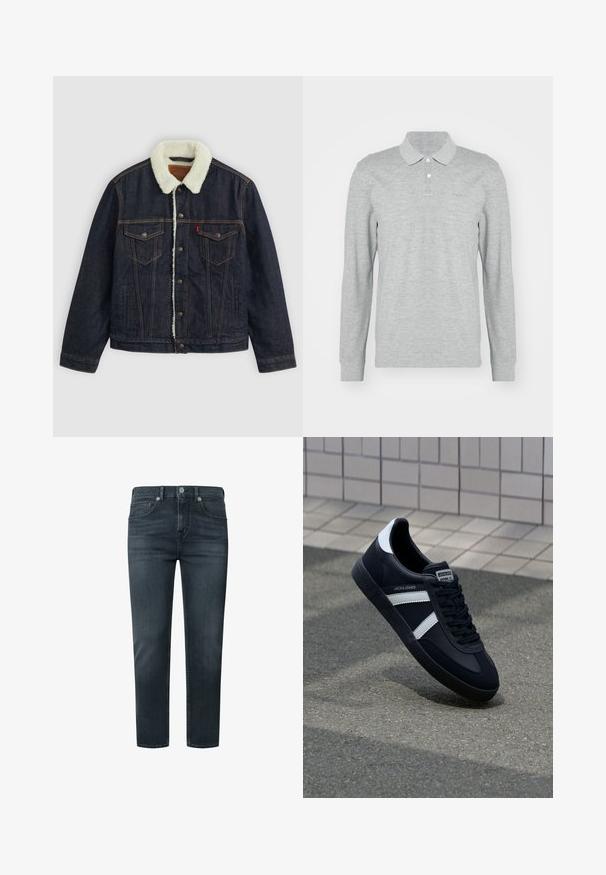 Mørk denimjakke med en hvid faux shearling krave, to brystlommer og guldsyninger. Har knaplukning og en lige pasform.; Grå langærmet polo skjorte lavet af blødt stof; har en krave, tre knapper og et diskret broderet logo på brystet.; Mørkegrå denim-jeans med lige skæring, fem lommer, knap- og lynlåslukning samt subtile syninger.; Sort lædersneaker med hvide striber, tekstureret gummisål og snørrebånd foran. Har et brandet mærke på tungen.