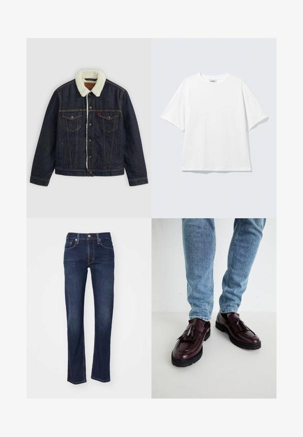 Veste en denim noir avec un col en fausse fourrure blanche, deux poches poitrine et des coutures dorées. Elle dispose d'une fermeture à boutons et d'une coupe droite.; T-shirt blanc oversize à manches courtes, col rond, épaules tombantes, posé à plat sur fond gris clair.; Jeans en denim bleu foncé avec une coupe droite, présentant un design classique à cinq poches et des coutures détaillées sur les bords.; Mocassins en cuir bourgogne avec pompons et dessus texturé, associés à un jean en denim bleu clair. Semelle en caoutchouc noir visible.