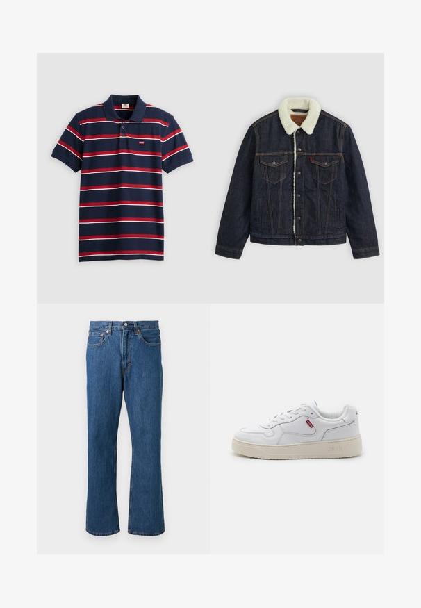 Dunkelblaue Jeansjacke mit einem weißen Kunstfellkragen, zwei Brusttaschen und goldenem Nähen. Verfügt über eine Knopfverschlüsse und eine gerade Passform.; Navyblaues Poloshirt mit rot-weißen horizontalen Streifen, drei Knöpfen am Kragen und kleinem Levi's-Logo auf der Brust. Aus weichem Baumwollmaterial.; Blaue gerade geschnittene Jeans aus Denim mit vorderem Knopf und Reißverschluss, fünf Taschen und orangefarbenen Nahtdetails auf einfarbigem Hintergrund.; Weiße Leder-Sneaker mit strukturiertem Obermaterial, abgerundeter Zehenpartie und beiger Gummisohle. Verfügt über das rote Levi's-Logo an der Seite und einen gepolsterten Schaft.