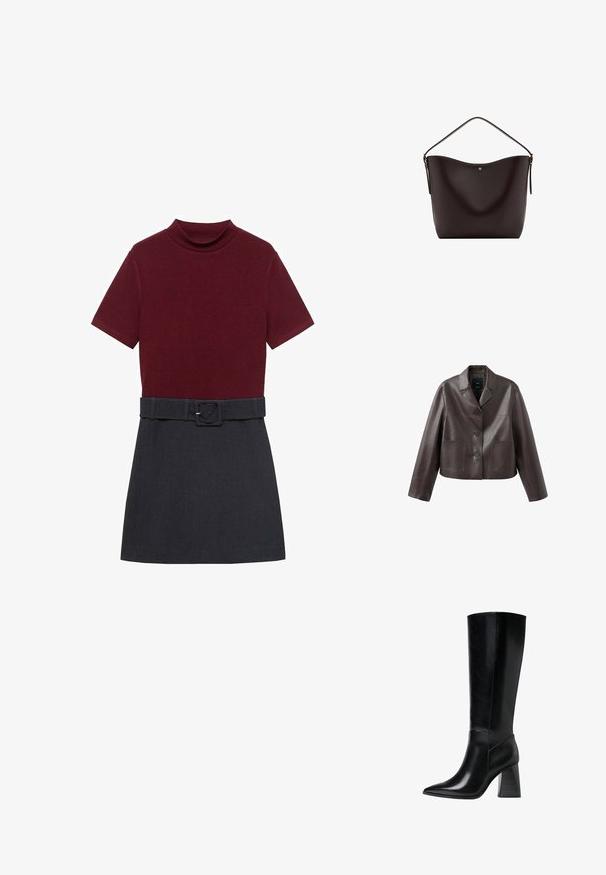Veste en cuir marron coupée, avec col, fermeture à boutons sur le devant, et deux poches plaquées, présentant une texture lisse et brillante.; Haut bordeaux à manches courtes avec un col montant, associé à une jupe gris foncé. Comprend une ceinture assortie à la taille pour un ajustement.; Bottes en cuir noir arrivant au genou, avec un bout pointu, une texture lisse et un talon épais et cranté pour la stabilité. Design élégant avec des accents minimalistes.; Sac à bandoulière en cuir marron foncé avec une seule sangle et un petit bouton doré au centre devant.