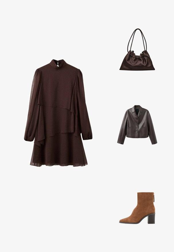 Braune, kurze Lederjacke mit Kragen, vorderer Knopfleiste und zwei aufgesetzten Taschen, mit einer glatten, glänzenden Textur.; Dunkelbraunes langärmeliges Kleid mit mehrlagigem asymmetrischem Saum, hohem Kragen mit Schlüsselloch-Knopfverschluss und dezentem Punktmuster.; Braune Wildleder-Ankle Boots mit spitzer Zehe, Blockabsatz und Reißverschluss auf der Rückseite.; Weiche dunkelbraune Lederhandtasche mit schlaffer Form und zwei dünnen Schulterriemen vor weißem Hintergrund.