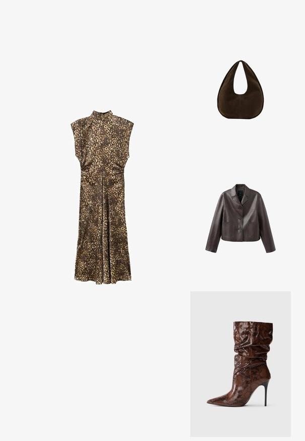 Veste en cuir marron coupée, avec col, fermeture à boutons sur le devant, et deux poches plaquées, présentant une texture lisse et brillante.; Robe longue sans manches avec un col haut et un motif léopard, dotée de petites fronces à la taille pour mettre en valeur la silhouette.; Bottines en cuir fléchies avec un motif serpent marron, à bout pointu et talon aiguille noir haut et fin, sur fond blanc.; Sac à main en daim marron foncé en forme de croissant avec une seule sangle large et une texture lisse sur fond blanc.