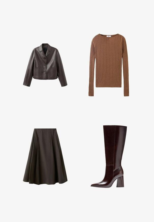 Brun læder cropped jakke med krave, forreste knaplukning og to påsyede lommer, med en glat, skinnende tekstur.; Brun ribbet langærmet sweater med rund halsudskæring, der viser et tekstureret stof, som fremhæver lodrette linjer. Enkel og tætsiddende design.; Sort A-formet nederdel med høj talje og vid nederste kant, lavet af glat stof, vist mod en hvid baggrund.; Brune læder knæhøj støvle med spids tå og tekstureret blokhælb. Har rent design og minimal syning.