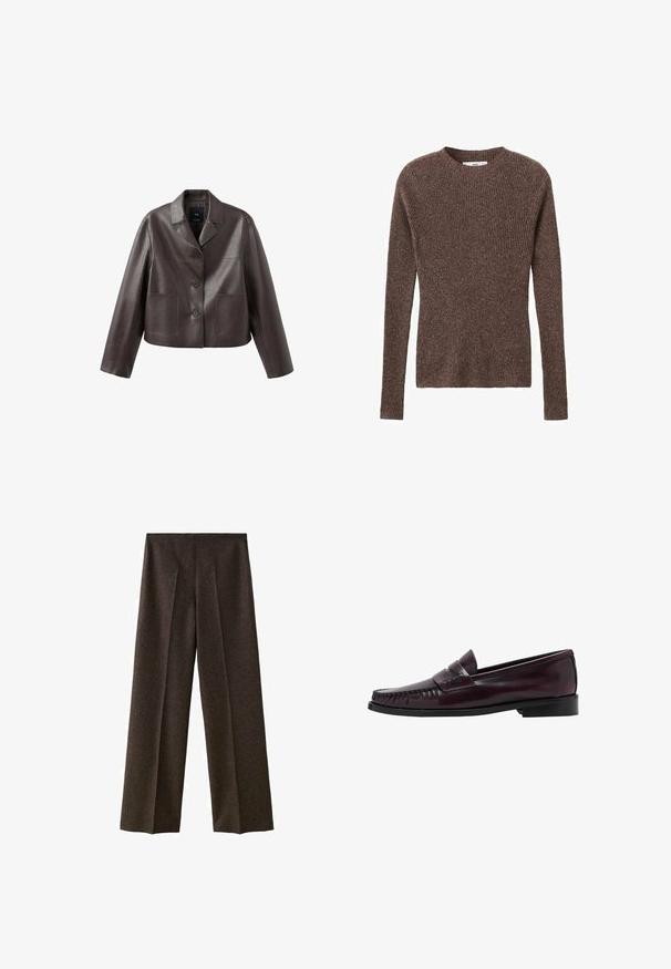 Brun læder cropped jakke med krave, forreste knaplukning og to påsyede lommer, med en glat, skinnende tekstur.; Brun ribbet striktrøje med rund halsudskæring og lange ærmer, som har struktureret stof og en tætsiddende silhuet.; Bredde ben bukser i mørkebrun uldblanding med høj talje, forkantede folder og en glat tekstur, designet til en afslappet pasform.; Mænds mørkebrune læder penny loafers med sort sål og syning langs tåen, vist i sideprofil.