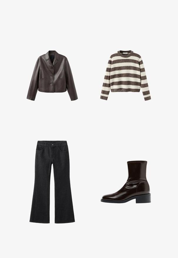 Brun læder cropped jakke med krave, forreste knaplukning og to påsyede lommer, med en glat, skinnende tekstur.; Stripet pullover sweater i creme og mørkebrun. Ribstrikket rund hals, lange ærmer og en kortet kant. Blød tekstur med en afslappet pasform.; Sorte denim flared jeans med høj talje, fem lommen design, kontrast syninger og klassisk knaplukning.; Mørkebrun læderankelstøvle med firkantet tå, lav blokhæle og stikning langs øverste kant, vist i sideprofil.