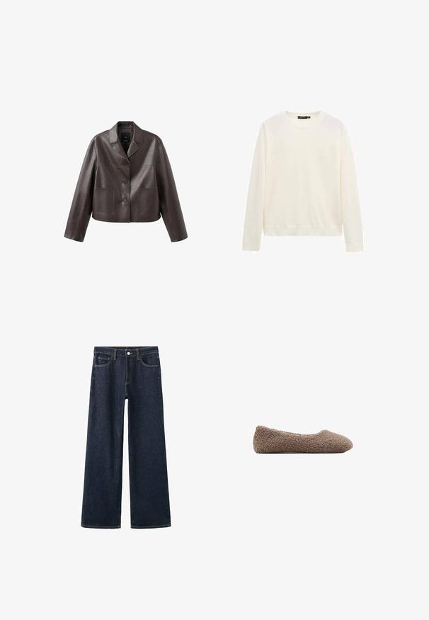 Bruine leren cropped jas met kraag, knoopsluiting aan de voorkant en twee opgestikte zakken, met een gladde, glanzende textuur.; Witte trui met lange mouwen en ronde hals, voorzien van geribbelde manchetten en zoom, afgebeeld tegen een effen witte achtergrond.; Donkerblauwe jeans met wijde pijpen, voorste knoop en rits, vijf zakken en zichtbare oranje stiknaden.; Bruine, met fleece gevoerde ballerina met een ronde neus. Zachte textuur en naadloos ontwerp, met een low-profile silhouet. Geen zichtbare hardware.