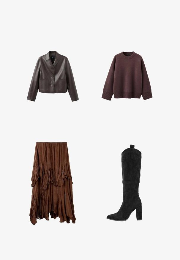 Brun læder cropped jakke med krave, forreste knaplukning og to påsyede lommer, med en glat, skinnende tekstur.; Løs pasform sweater i mørk bordeaux, lavet af blødt strikket stof. Har en ribstrikket rund hals, vide ærmer og en ribstrikket kant.; Brun krøllet nederdel med asymmetrisk kant og lagdelte, draperede stofdetaljer, der skaber et tekstureret, flydende udseende.; Knæhøje sorte støvler i ruskind med spids tå, tyk blokhæl og syninger på siderne. Træksnor øverst for nem påtagning.