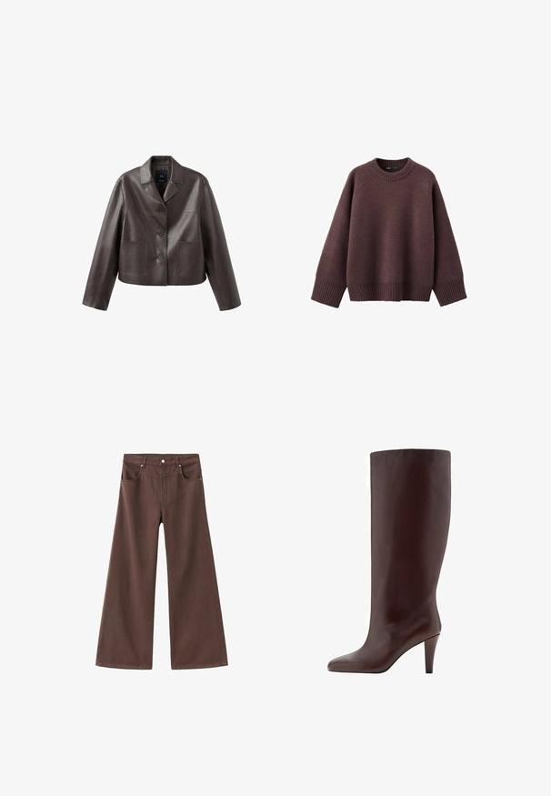 Bruine leren cropped jas met kraag, knoopsluiting aan de voorkant en twee opgestikte zakken, met een gladde, glanzende textuur.; Loszittende trui in donker bordeauxrood, gemaakt van zachte gebreide stof. Voorzien van een geribde ronde hals, brede mouwen en een geribde zoom.; Bruine wijde spijkerbroek van denim. Heeft vijf zakken, een ritssluiting en metalen klinknagels. Gladde textuur en klassiek ontwerp.; Bruine leren kniehoogde laars met een puntige neus en een stilettohak. Glad textuur en naadloos ontwerp.