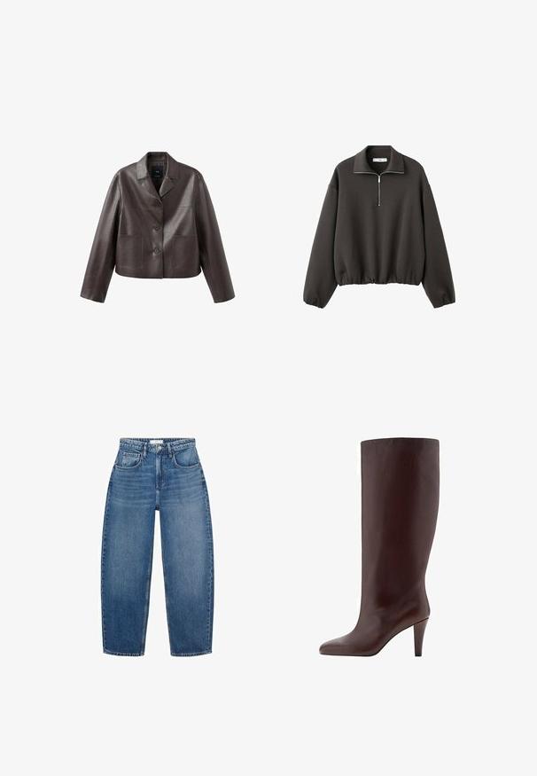 Bruine leren cropped jas met kraag, knoopsluiting aan de voorkant en twee opgestikte zakken, met een gladde, glanzende textuur.; Donkergrijze pullover met hoge kraag, korte rits aan de voorkant en elastische zoom. Zachte stof met een ontspannen, losse pasvorm.; Hoge taille blauwe denim jeans met een rechte pijp, voorzien van vijf zakken, riemlussen en subtiele vervaging voor extra textuur.; Bruine leren kniehoogde laars met een puntige neus en een stilettohak. Glad textuur en naadloos ontwerp.