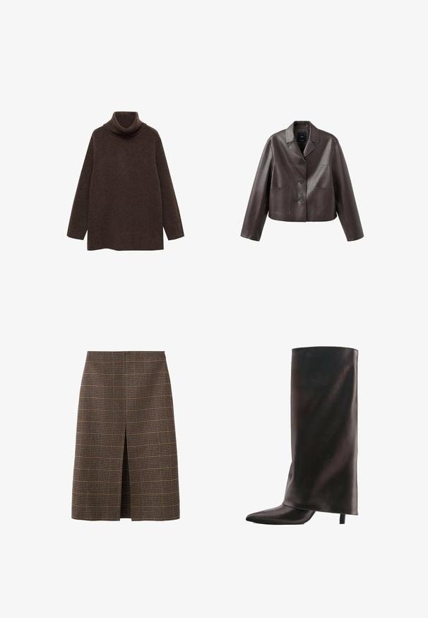 Brun læder cropped jakke med krave, forreste knaplukning og to påsyede lommer, med en glat, skinnende tekstur.; Brun turtle neck sweater lavet af blødt strikstof. Har lange ærmer og en afslappet pasform med høj krave for ekstra varme.; Brunternetternet plaid nederdel med lige snit, knælang, med en forreste slids. Stoffet har en tekstureret finish med subtile farvekontraster.; Høj sort læderstøvle med spids tå og slank mellemhøj hæl på hvid baggrund.