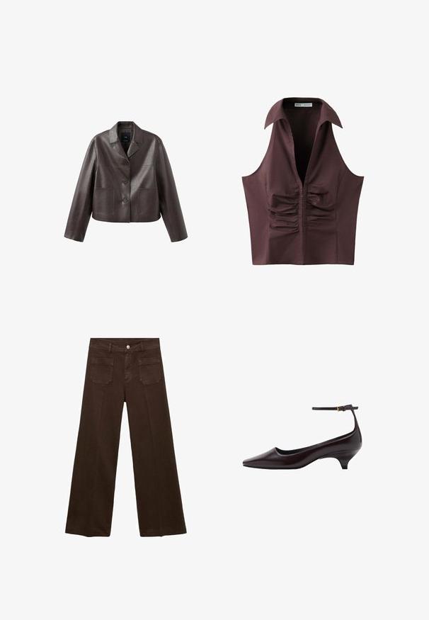 Bruine leren cropped jas met kraag, knoopsluiting aan de voorkant en twee opgestikte zakken, met een gladde, glanzende textuur.; Mouwloze donkerbruine blouse met diepe V-hals, brede kraag en geplooid gerimpeld detail aan de voorkant in het midden.; Bruine wijde jeans van denim, met een hoge taille, twee achterzakken en een voor knoopsluiting. Gladde textuur, rechte pasvorm.; Donkerbruine leren kittenheel schoenen met een spitse neus, een dunne enkelband en een kleine gouden gesp.
