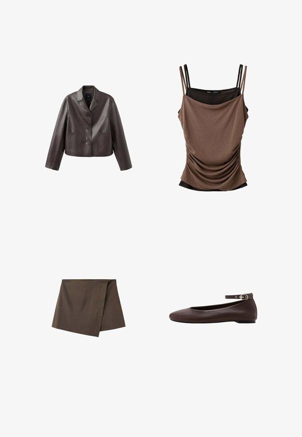 Veste en cuir marron coupée, avec col, fermeture à boutons sur le devant, et deux poches plaquées, présentant une texture lisse et brillante.; Débardeur marron froncé superposé à un débardeur noir, tous deux avec de fines bretelles doubles, présenté à plat sur un fond blanc.; Mini-jupe cache-cœur asymétrique marron en tissu lisse, avec un panneau avant chevauchant la couche de base.; Chaussure plate marron foncé avec bout arrondi et bride de cheville réglable avec boucle argentée sur fond blanc.