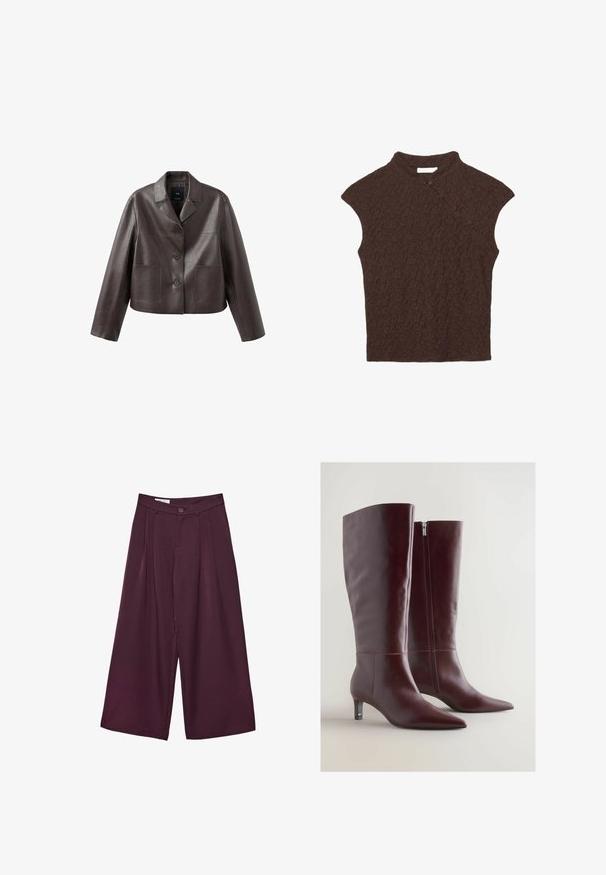 Veste en cuir marron coupée, avec col, fermeture à boutons sur le devant, et deux poches plaquées, présentant une texture lisse et brillante.; Haut sans manches marron foncé texturé avec un col montant et une patte boutonnée asymétrique sur le côté droit avant.; Pantalons larges bordeaux avec une texture lisse, des plis sur le devant, une fermeture à bouton et une taille haute.; Bottes en cuir bordeaux montantes avec un bout effilé, des coutures décoratives et une fermeture éclair sur le côté. Elles présentent un talon bas et fin.
