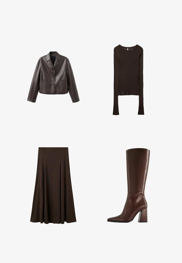 Veste en cuir marron coupée, avec col, fermeture à boutons sur le devant, et deux poches plaquées, présentant une texture lisse et brillante.; Haut ajusté à manches longues en tissu marron foncé. Encolure ronde, texture lisse et manches légèrement allongées sans poignets.; Jupe longue marron en tissu doux et lisse. Elle présente des plis subtils, un design simple et une taille élastique pour le confort.; Botte en cuir marron montant jusqu'au genou, avec bout pointu et talon épais de hauteur moyenne, vue de profil sur fond blanc.