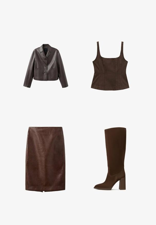 Veste en cuir marron coupée, avec col, fermeture à boutons sur le devant, et deux poches plaquées, présentant une texture lisse et brillante.; Haut brown sans manches avec un décolleté carré, design ajusté, détails de couture et tissu texturé. Pas d'ornements supplémentaires.; Jupe crayon en cuir synthétique marron foncé façon crocodile avec une petite fente avant à l'ourlet, longueur genou, sans fermetures apparentes ni ornements.; Botte marron jusqu'au genou en matériau lisse, avec un bout pointu et un talon carré. Les détails de couture rehaussent le design épuré.