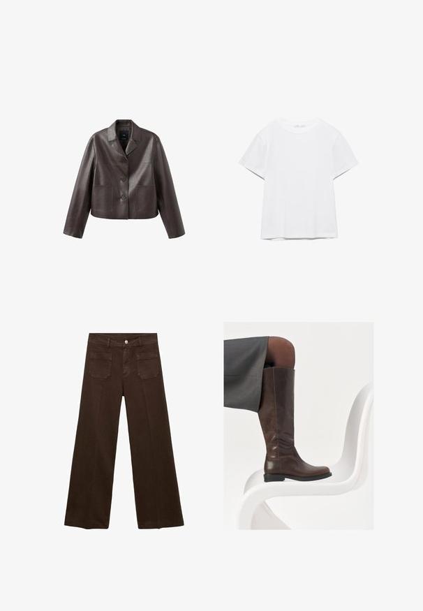 Bruine leren cropped jas met kraag, knoopsluiting aan de voorkant en twee opgestikte zakken, met een gladde, glanzende textuur.; Effen wit T-shirt met korte mouwen en ronde hals, met een rechte zoom, gepresenteerd tegen een witte achtergrond.; Bruine wijde jeans van denim, met een hoge taille, twee achterzakken en een voor knoopsluiting. Gladde textuur, rechte pasvorm.; Bruine leren knie-hoge laars met een ronde neus, een soepele textuur en minimale stikseldetails, tegen een lichte achtergrond op een witte stoel.