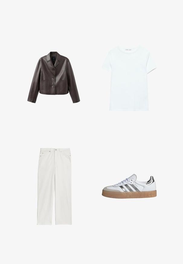 Bruine leren cropped jas met kraag, knoopsluiting aan de voorkant en twee opgestikte zakken, met een gladde, glanzende textuur.; Effen wit katoenen T-shirt met korte mouwen en een ronde hals, plat gelegd op een witte achtergrond, zonder zichtbare patronen of logo's.; Witte denim jeans met een rechte pijpdesign, voorzien van voorkruiden en metalen knoopaccenten. Gladde textuur met minimale stikdetails.; Witte sneaker met zilveren drie strepen, een tan rubberen zool en een witte textuur bovenwerk met een ronde neus en vetersluiting.