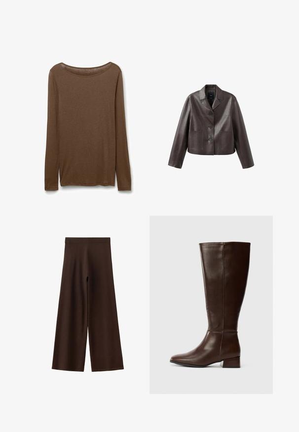 Veste en cuir marron coupée, avec col, fermeture à boutons sur le devant, et deux poches plaquées, présentant une texture lisse et brillante.; Chemise marron à manches longues en tissu doux, présentant un décolleté arrondi et une coupe droite avec des fentes latérales à l'ourlet pour plus de confort.; Pantalon marron à jambes larges avec taille élastique, design simple, présenté sur fond blanc.; Botte en cuir brun foncé, haute, avec un petit talon bloc et une finition lisse, vue de profil sur fond blanc.