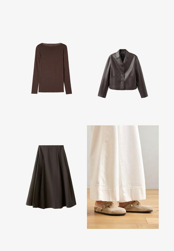 Bruine leren cropped jas met kraag, knoopsluiting aan de voorkant en twee opgestikte zakken, met een gladde, glanzende textuur.; Bruin shirt met lange mouwen en ronde hals, met een eenvoudig, getailleerd ontwerp zonder zichtbare patronen of logo's.; Zwarte A-lijn rok met hoge taille en uitlopende zoom, gemaakt van gladde stof, getoond tegen een witte achtergrond.; Beige suède klompen met een gespsluiting en gespijkerde accenten, gedragen met witte wijde broek, geplaatst op een houten vloer.