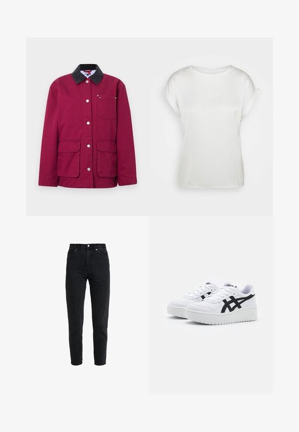 Chaqueta burdeos con cuello de pana negra, botones a presión, dos bolsillos delanteros y un pequeño bolsillo en el pecho. Tejido de algodón texturizado.; Top corto de satén blanco con cuello redondo. Textura suave y corte holgado. Mangas enrolladas que añaden un detalle sutil. Diseño minimalista.; Vaqueros de mezclilla negra de cintura alta con botón y cremallera delanteros, dos bolsillos delanteros y pierna estrecha sobre fondo blanco.; Zapatillas blancas con una superficie texturizada, franjas laterales negras y una suela blanca gruesa. Presentan un diseño de cordones y un logo en la lengüeta.