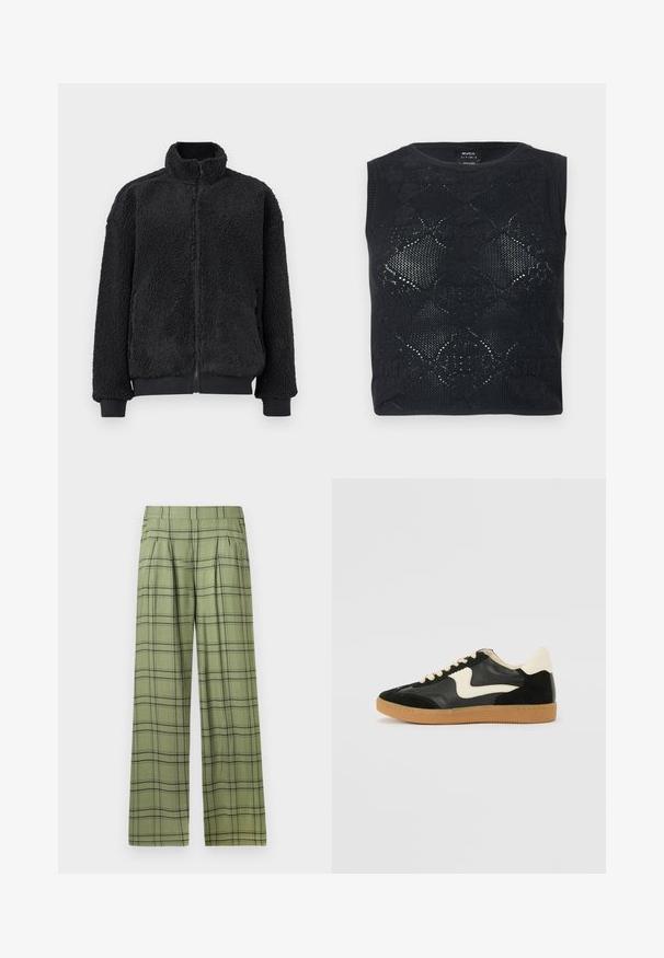 Veste en polaire noire avec col montant, fermeture éclair et poignets côtelés. La texture est douce et duveteuse, avec une coupe décontractée.; Haut noir sans manches en maille avec motif de dentelle florale et encolure ronde, plié à plat sur un fond clair.; Pantalons évasés verts avec un motif à carreaux noirs, une taille haute, des plis sur le devant et des poches latérales.; Baskets en daim et cuir noir avec un swoosh latéral crème et un talon crème clair. Dotées de lacets beige et d'une semelle en caoutchouc gomme.